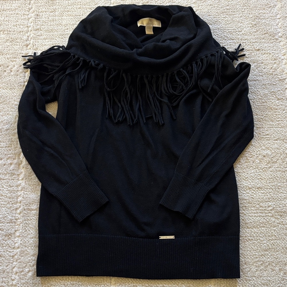 MICHAEL Michael Kors Black Cowl Neck Sweater with Fringe